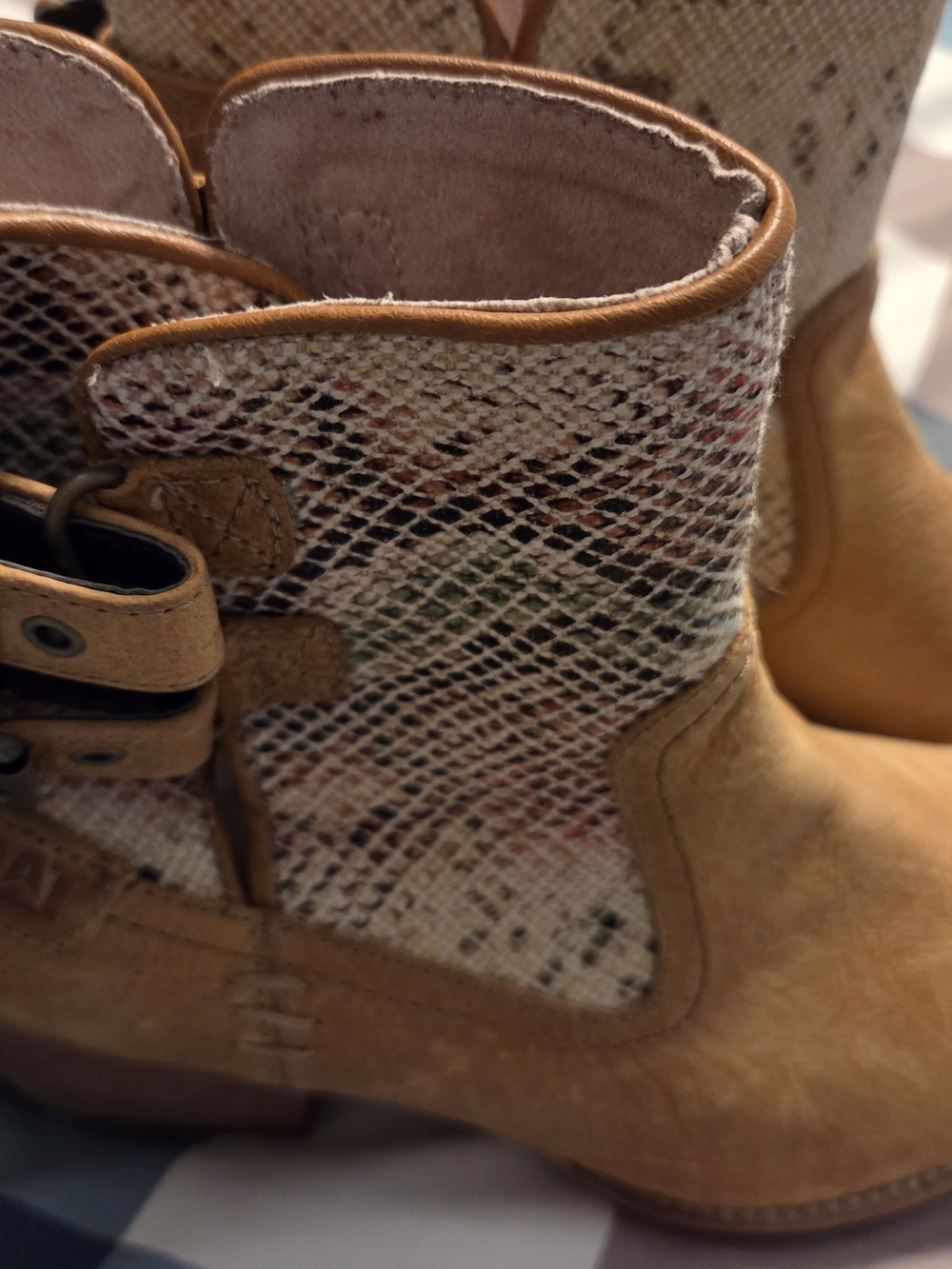 Women's Tan Suede Ankle Booties with Textured Panel